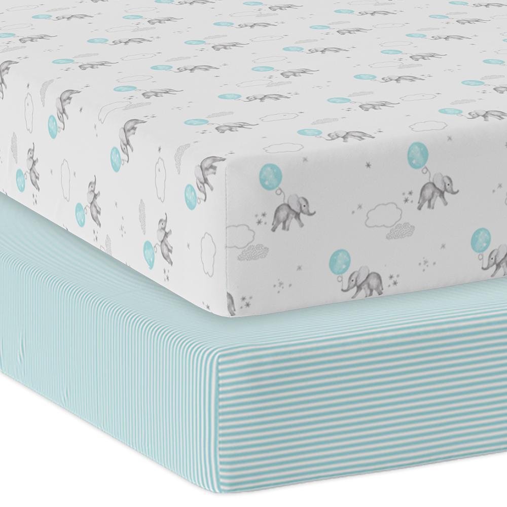 2-PACK JERSEY COT FITTED SHEET DREAM BIG/AQUA STRIPE
