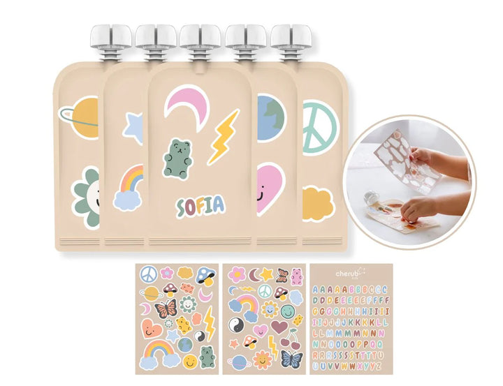 Cherub Baby ON THE GO REUSABLE FOOD STORAGE POUCH 150ML 5PK - RETRO RAINBOW