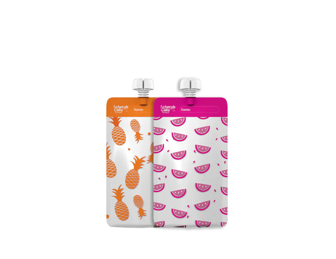 Cherub Baby ON THE GO REUSABLE FOOD POUCH MINIS (120ML) - NEON MELON & HOT PINEAPPLE 10PK
