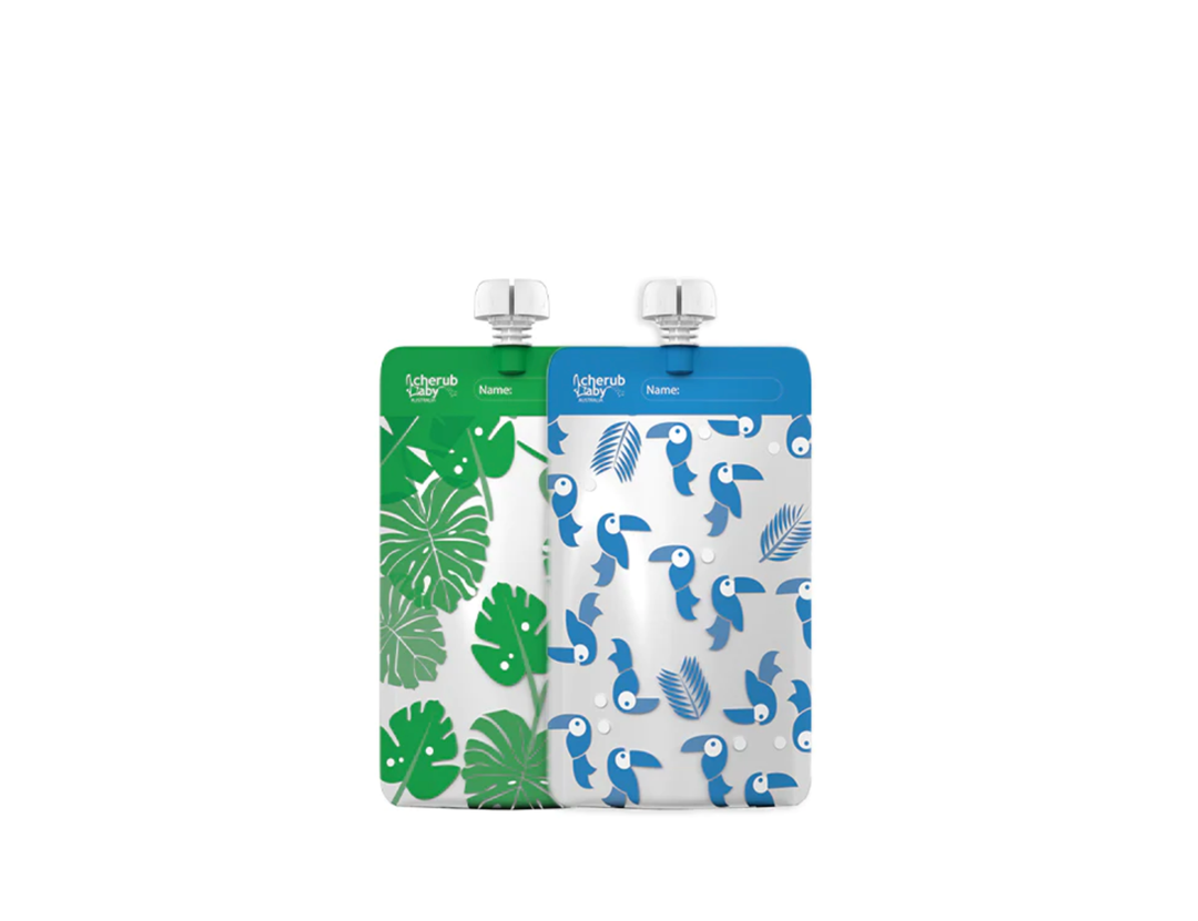 Cherub Baby ON THE GO REUSABLE FOOD POUCH MINIS (120ML) - TOUCAN BLUE & RAINFOREST GREEN 10PK