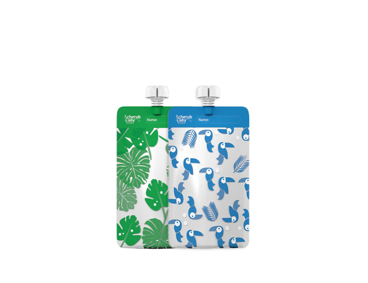 Cherub Baby ON THE GO REUSABLE FOOD POUCH MINIS (120ML) - TOUCAN BLUE & RAINFOREST GREEN 10PK