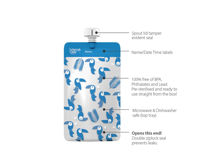 Cherub Baby ON THE GO REUSABLE FOOD POUCH MINIS (120ML) - TOUCAN BLUE & RAINFOREST GREEN 10PK