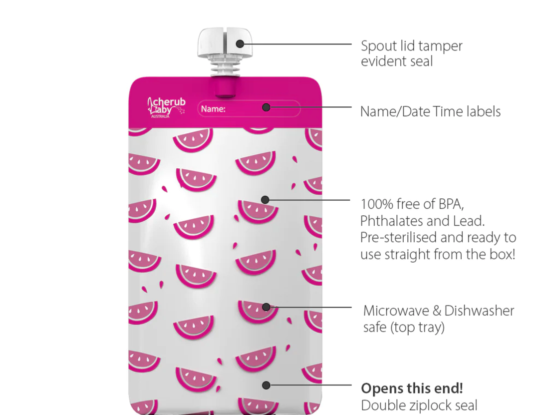 Cherub Baby ON THE GO REUSABLE FOOD POUCH MINIS (120ML) - NEON MELON & HOT PINEAPPLE 10PK