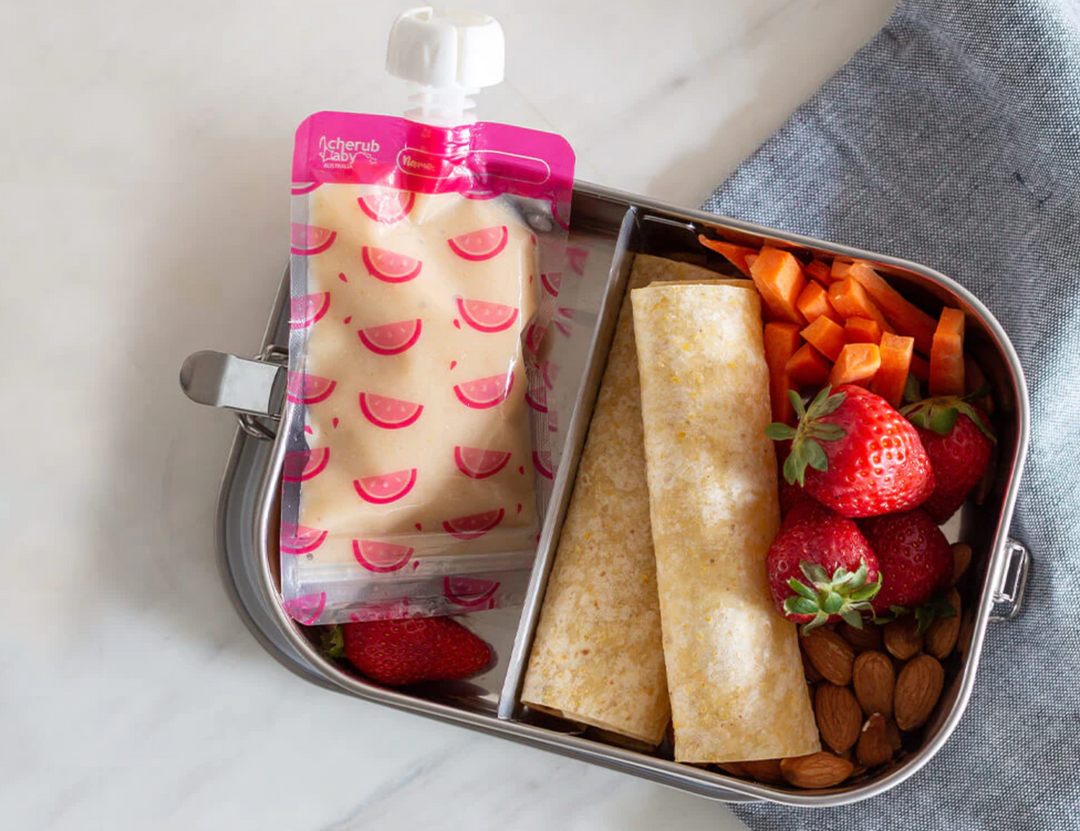 Cherub Baby ON THE GO REUSABLE FOOD POUCH MINIS (120ML) - NEON MELON & HOT PINEAPPLE 10PK