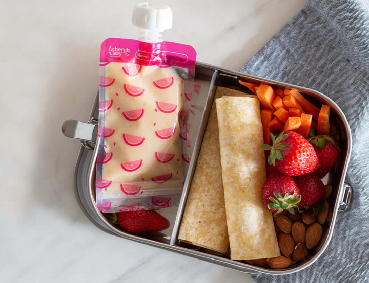 Cherub Baby ON THE GO REUSABLE FOOD POUCH MINIS (120ML) - NEON MELON & HOT PINEAPPLE 10PK