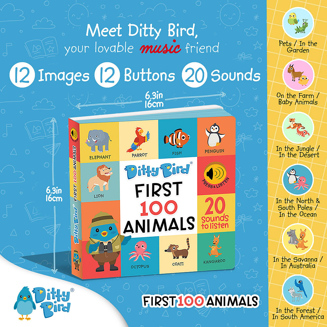 Ditty Bird First 100 Animals Multi-Coloured 16x2x16cm