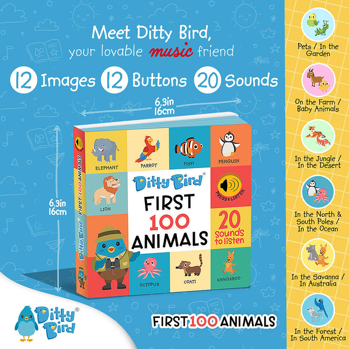 Ditty Bird First 100 Animals Multi-Coloured 16x2x16cm