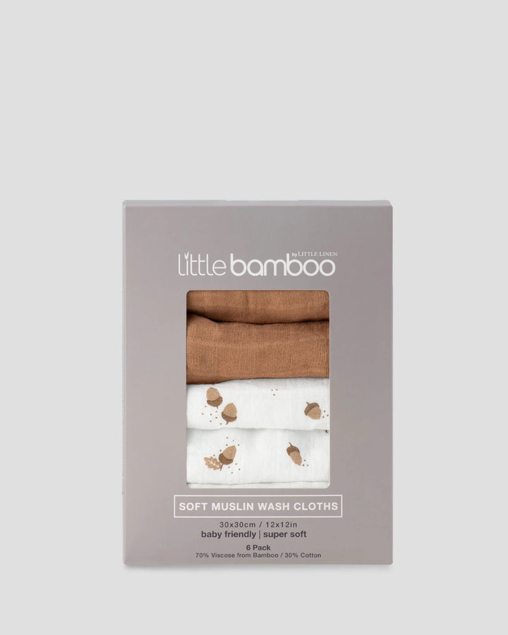 Little Bamboo Muslin Washers 6Pk - Iced Coffee