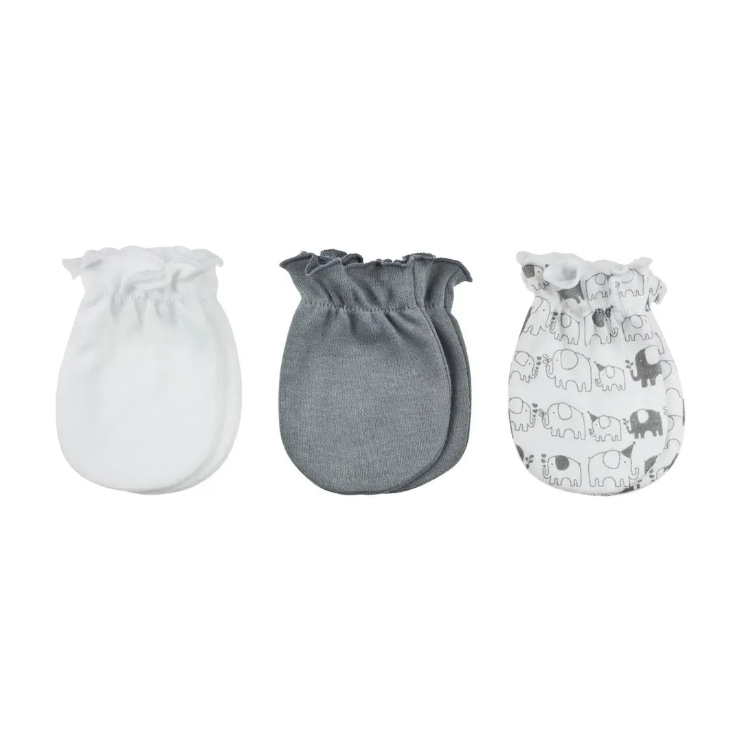 Playette 3 Pack Newborn Essential Mittens  Fashion-Elephants/Grey/White(1341116)