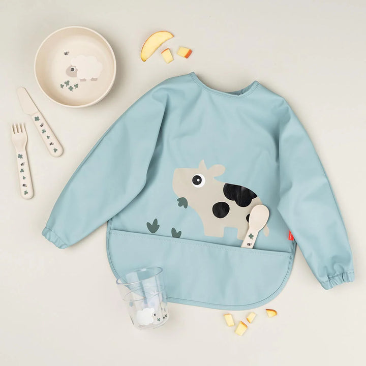 Done by Deer Sleeved Pocket Bib Tiny Farm - Blue