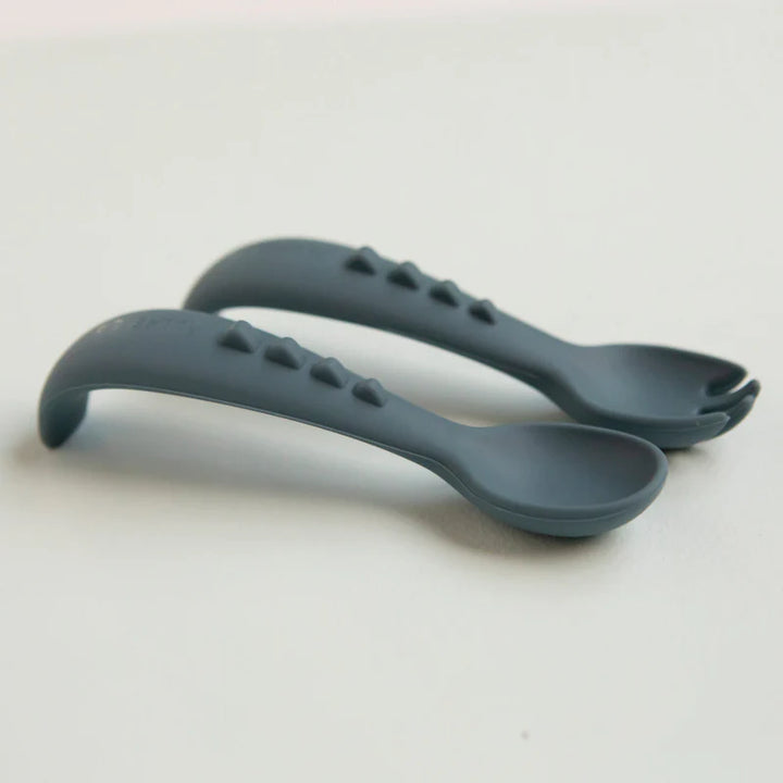 All4Ella Silicone comfy grip cutlery – Spoon + Fork Set - Slate Blue