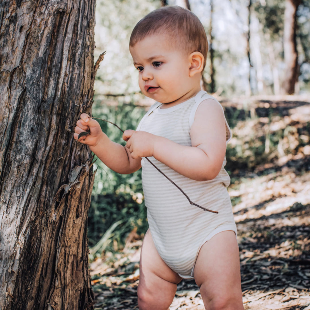 Fibre For Good Organic Cotton Jersey Stripe Sleeveless Bodysuit - Sage/Natural-Stripes