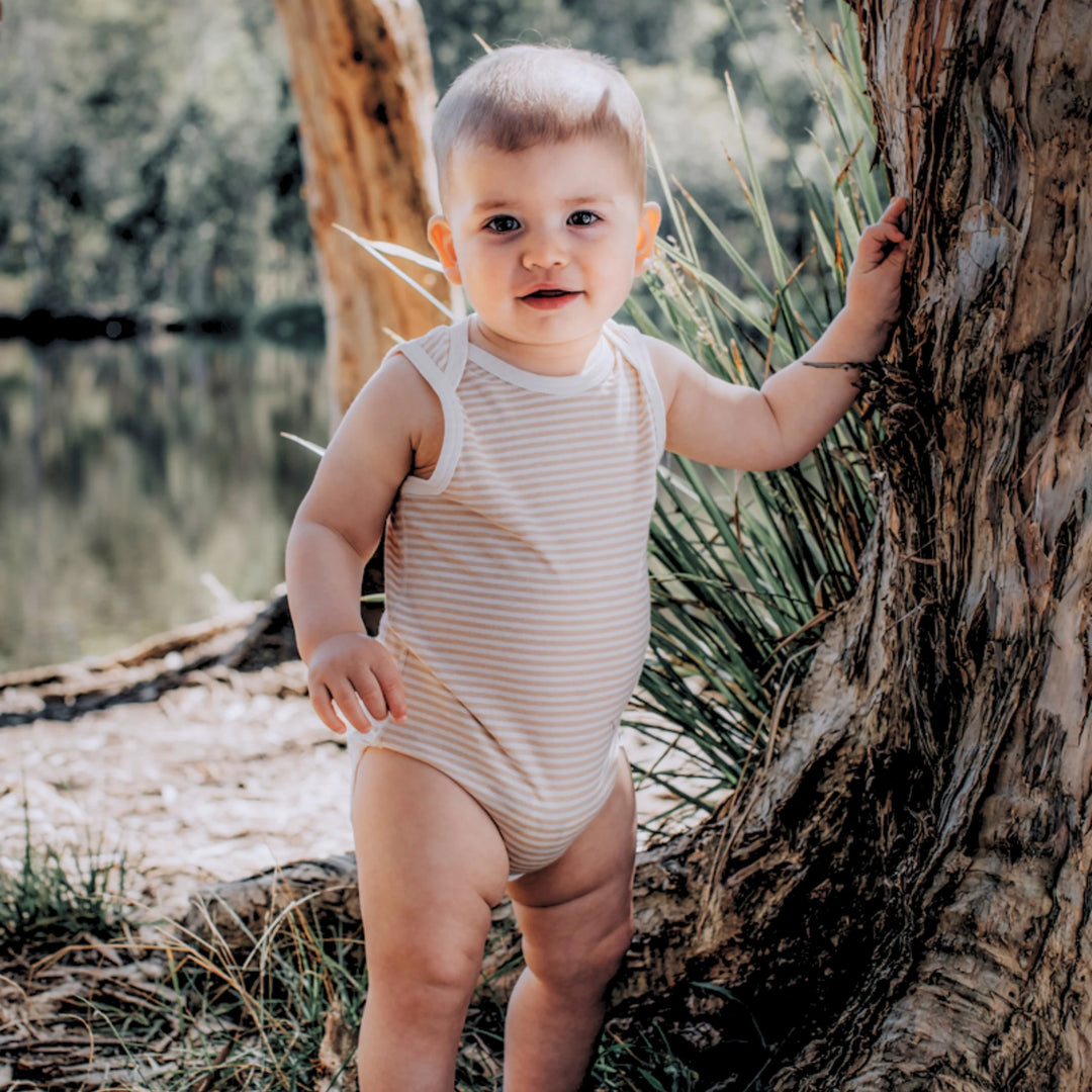 Fibre For Good Organic Cotton Jersey Stripe Sleeveless Bodysuit - Brown/Natural-Stripes
