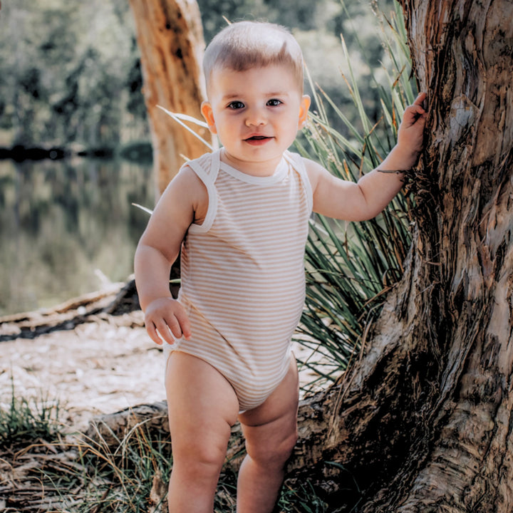 Fibre For Good Organic Cotton Jersey Stripe Sleeveless Bodysuit - Brown/Natural-Stripes
