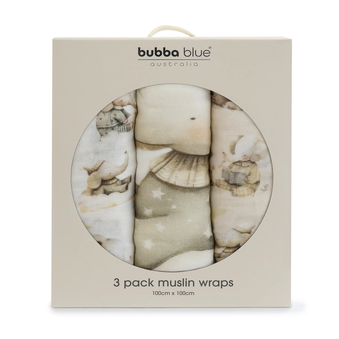 Bubba Blue Elephant Bedtime 3pk Muslin Wraps