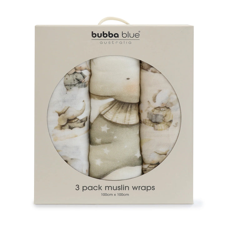 Bubba Blue Elephant Bedtime 3pk Muslin Wraps