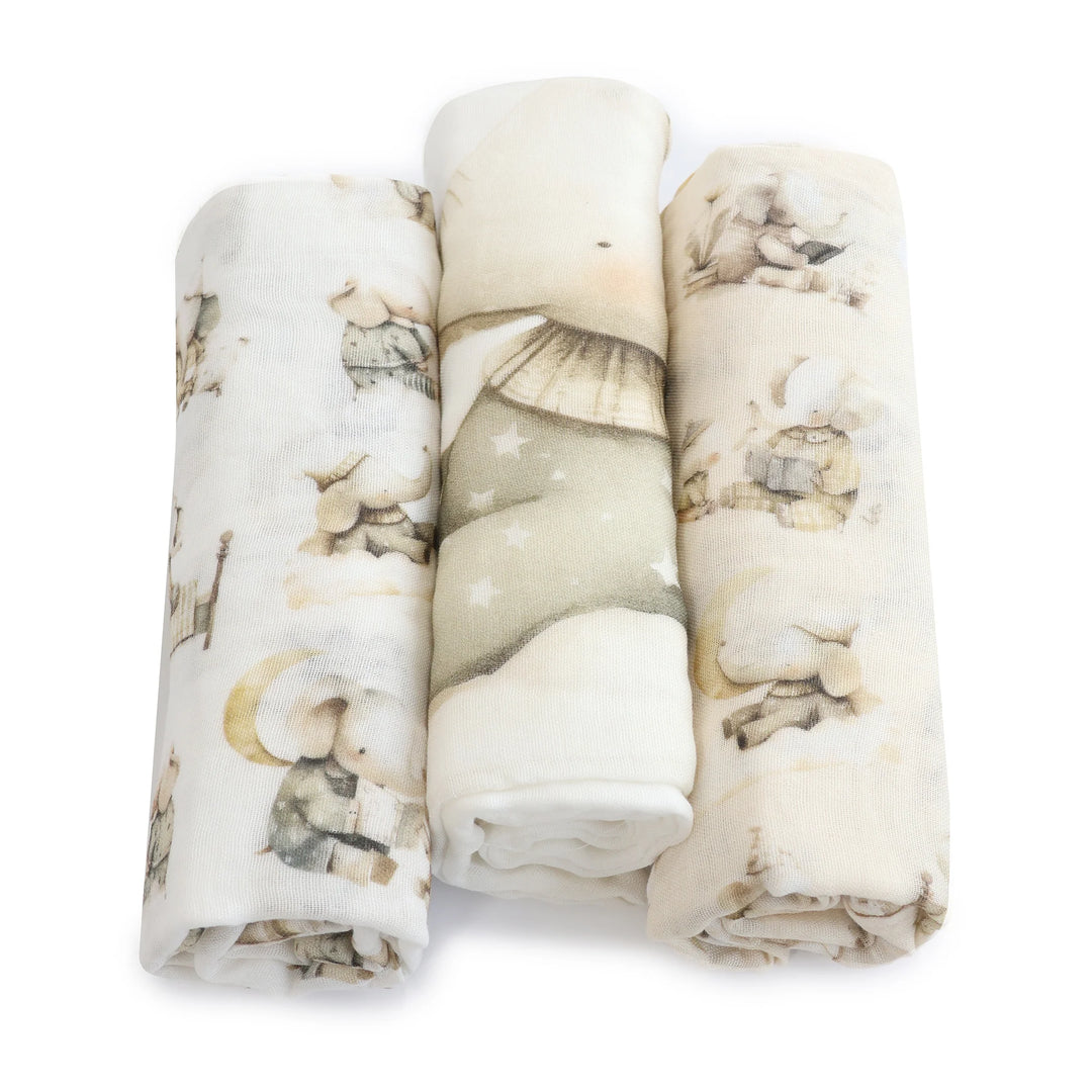 Bubba Blue Elephant Bedtime 3pk Muslin Wraps