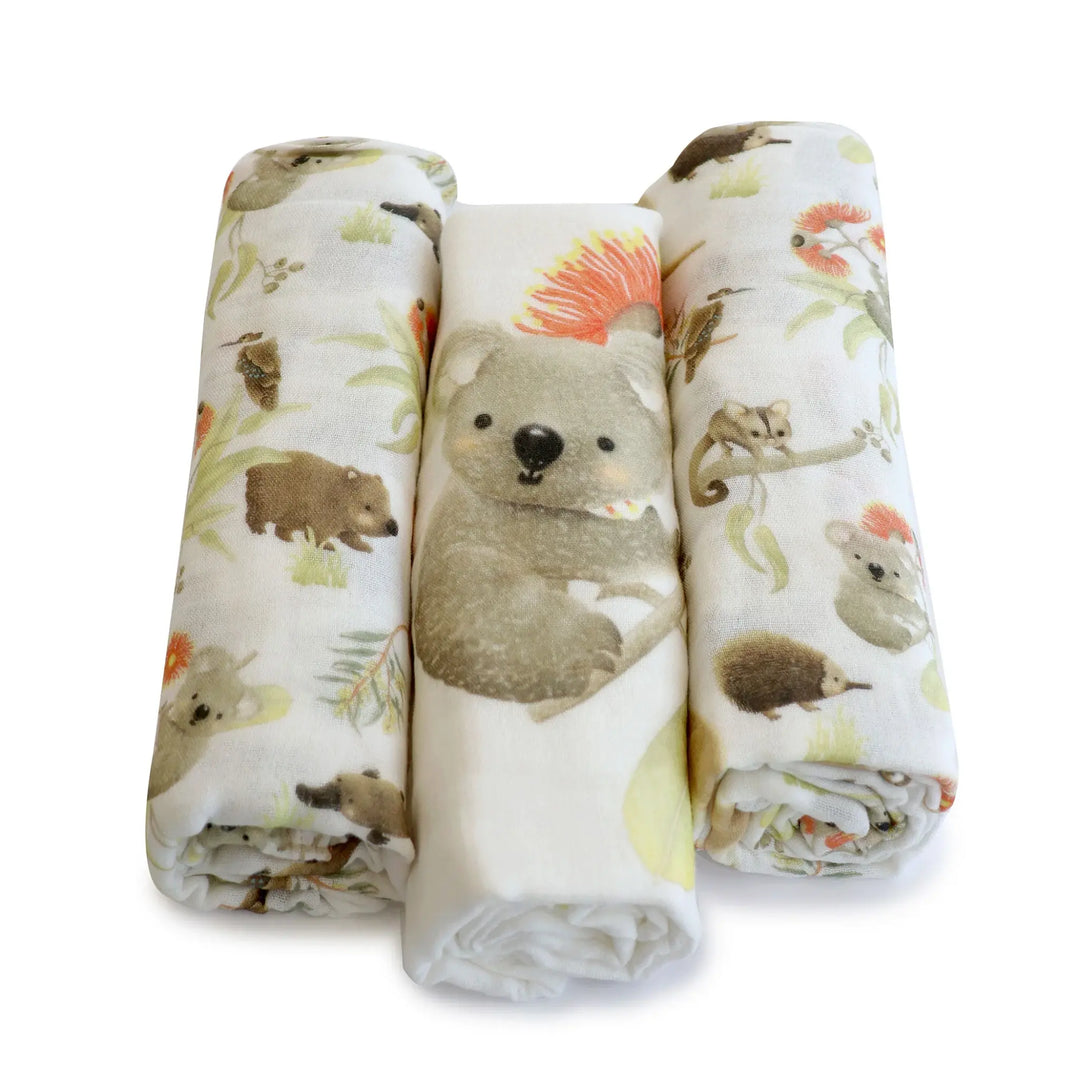 Bubba Blue Aussie Animals 3 PK MUSLIN WRAPS- OATMEAL