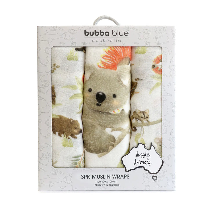 Bubba Blue Aussie Animals 3 PK MUSLIN WRAPS- OATMEAL