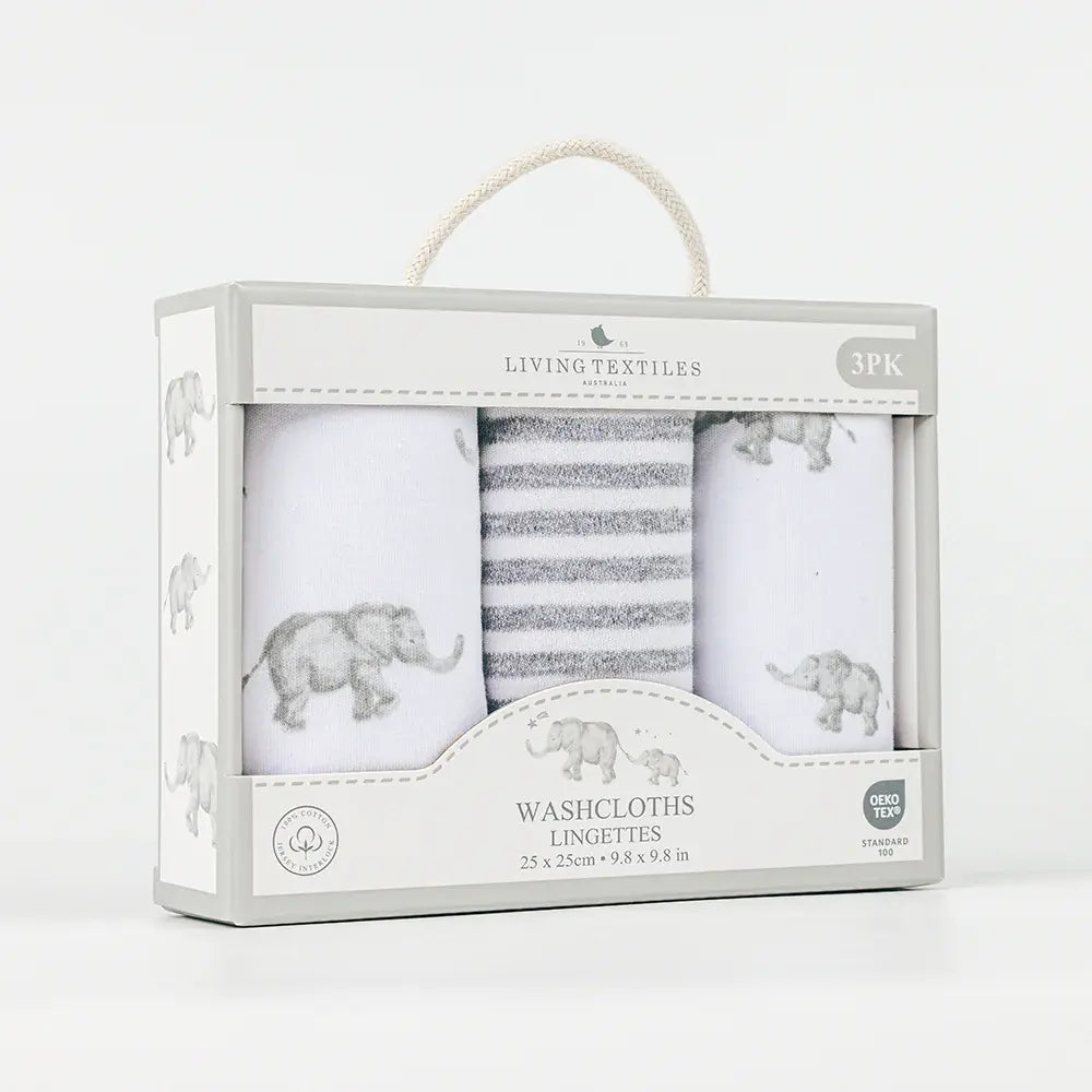 Living Textiles 3pk Wash Cloths - Watercolour Elephant