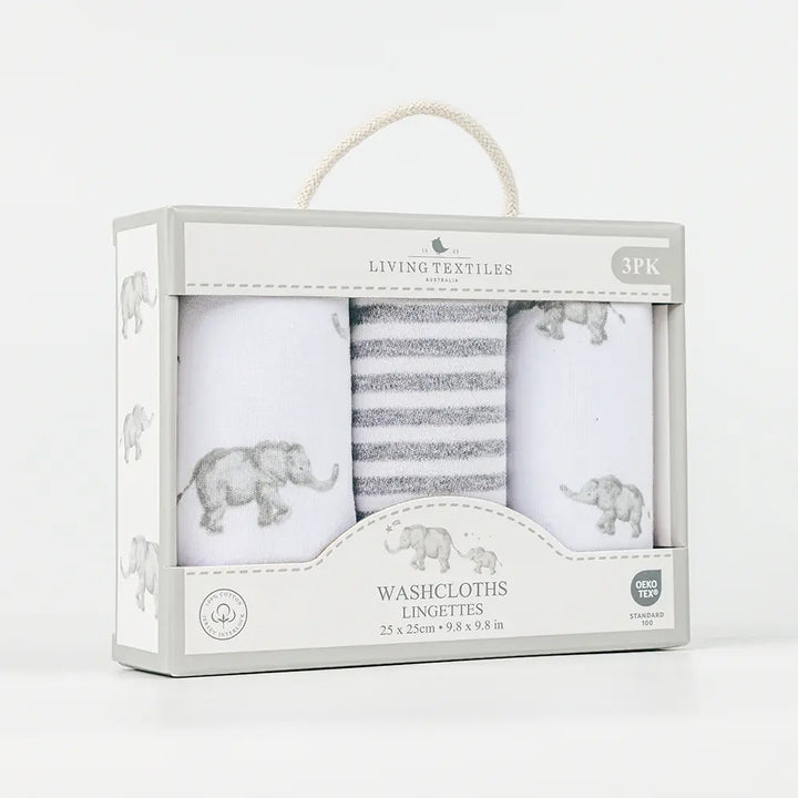 Living Textiles 3pk Wash Cloths - Watercolour Elephant
