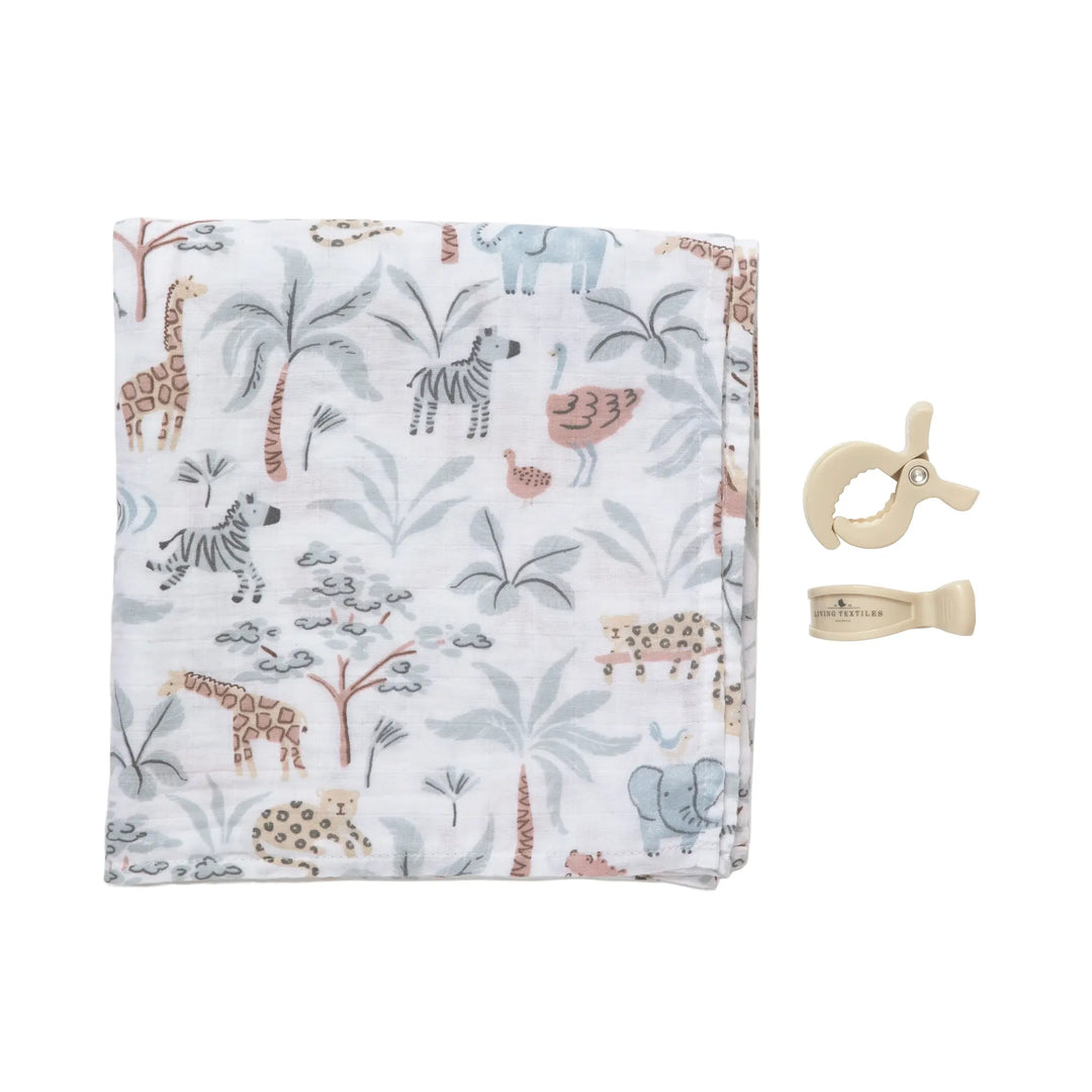 Living Textiles Organic Muslin swaddle and peg set - Wild Safari