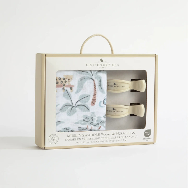 Living Textiles Organic Muslin swaddle and peg set - Wild Safari