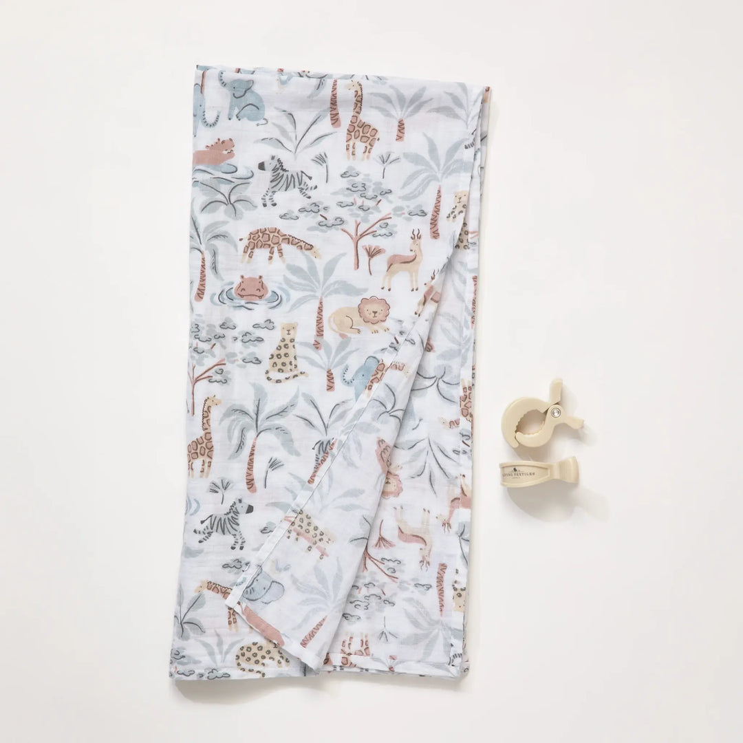 Living Textiles Organic Muslin swaddle and peg set - Wild Safari