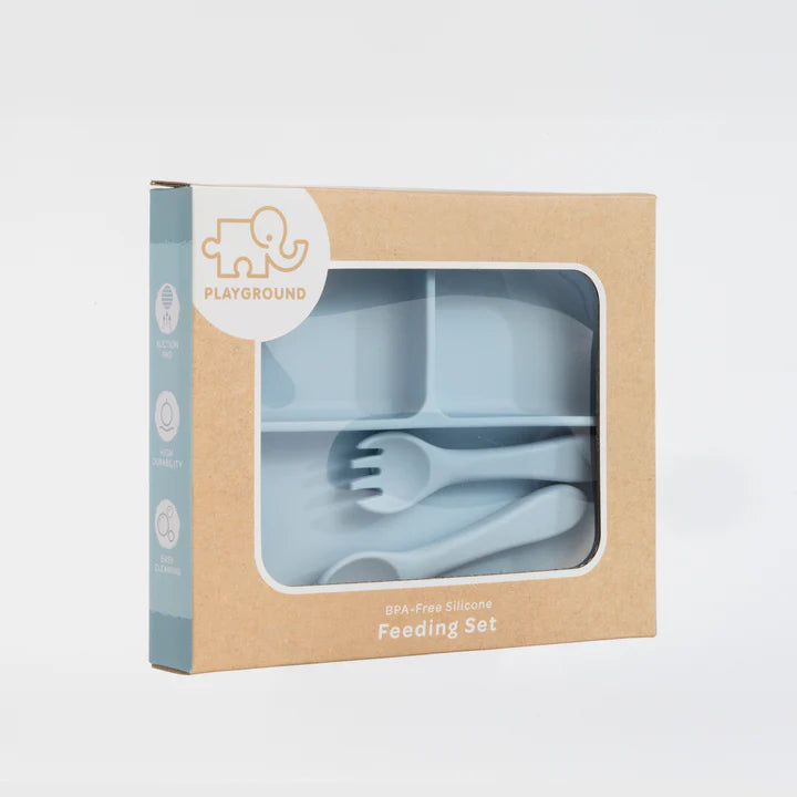 Playground by Living Textiles Silicone Feeding Set- Dusty Blue