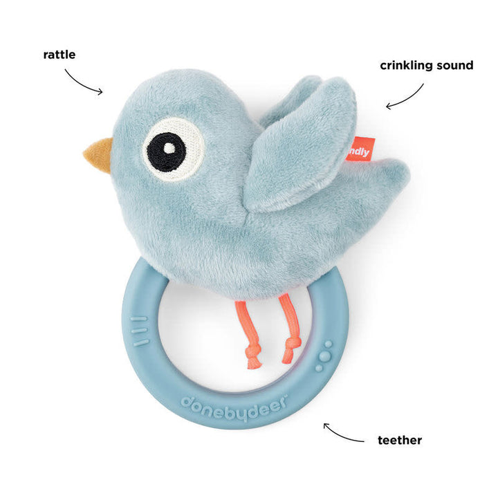 Done by deer Sensory rattle with teether Birdee Blue