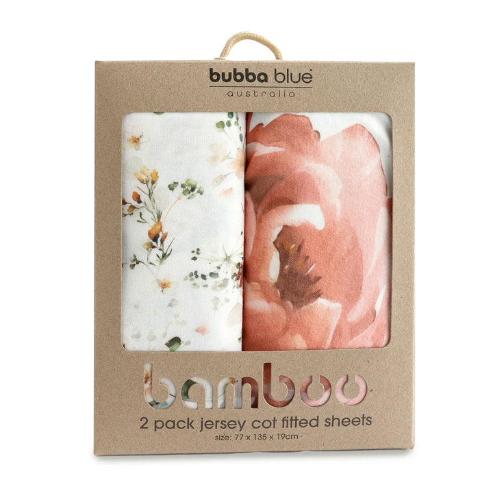Bubba Blue Peonies Bamboo 2pk Jersey Cot Fitted Sheets