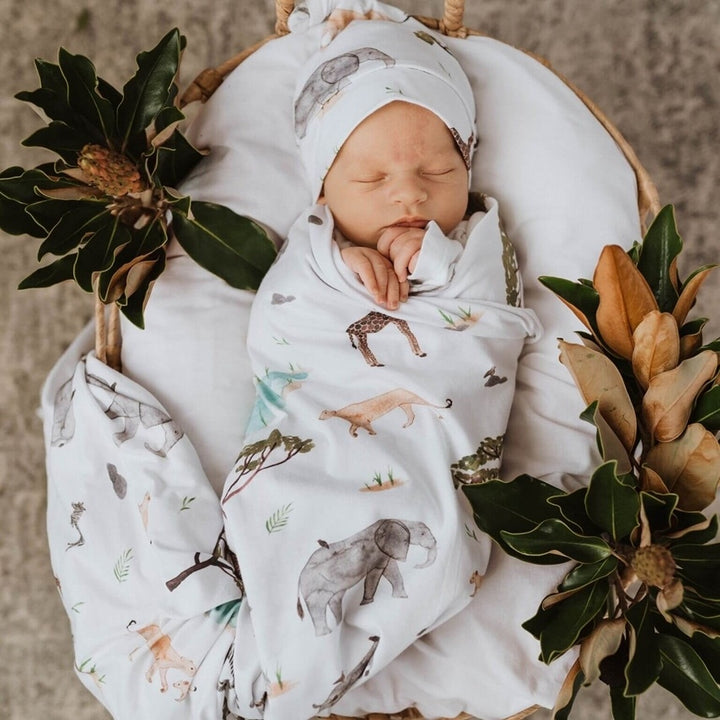 Baby Jersey Wrap & Beanie Set-Safari