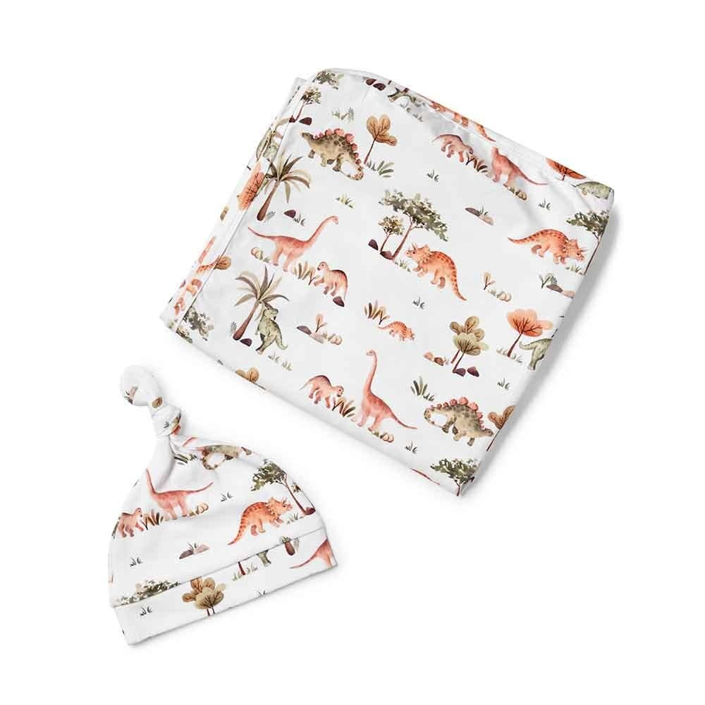 Organic Jersey Wrap & Beanie Set-Dino