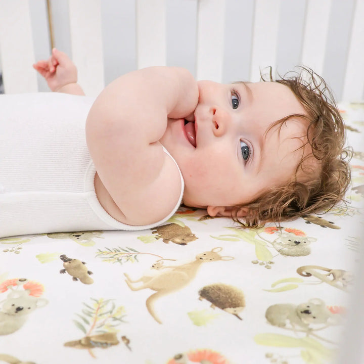 Bubba Blue Aussie Animals COT FITTED SHEET- OATMEAL