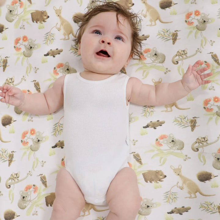 Bubba Blue Aussie Animals COT FITTED SHEET- OATMEAL