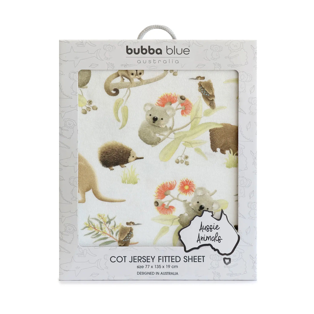 Bubba Blue Aussie Animals COT FITTED SHEET- OATMEAL