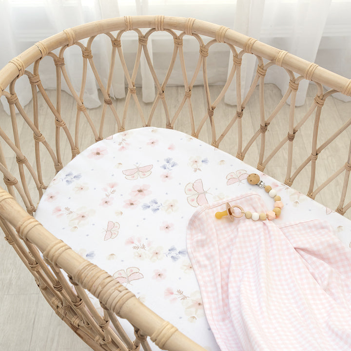 2pk Bassinet Fitted Sheets-Butterfly/Blush Gingham