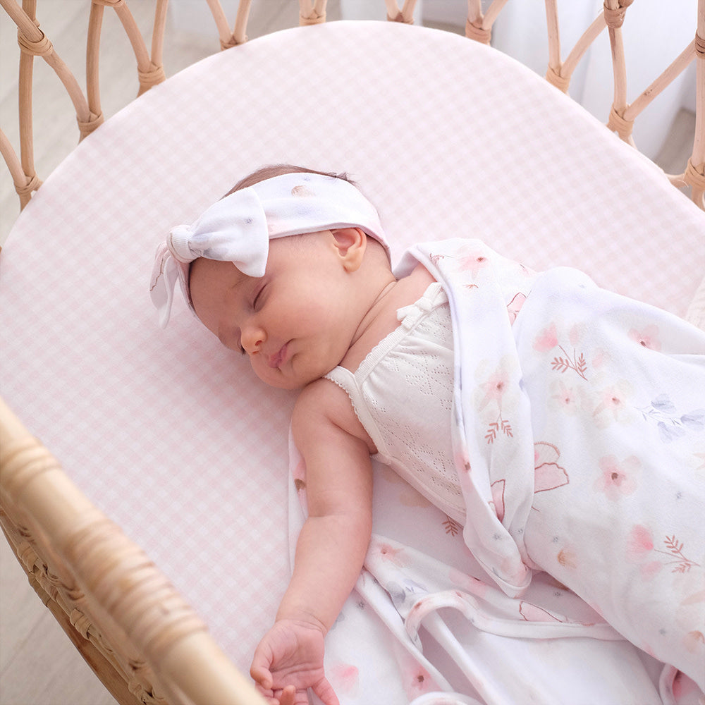 2pk Bassinet Fitted Sheets-Butterfly/Blush Gingham