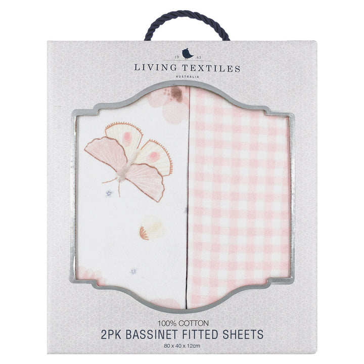 2pk Bassinet Fitted Sheets-Butterfly/Blush Gingham
