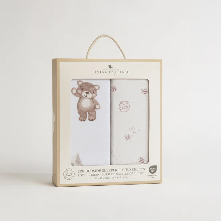 Living Textiles 2 Pack Organic Jersey Bedside Sleeper Fitted Sheets- Cuddly Bear