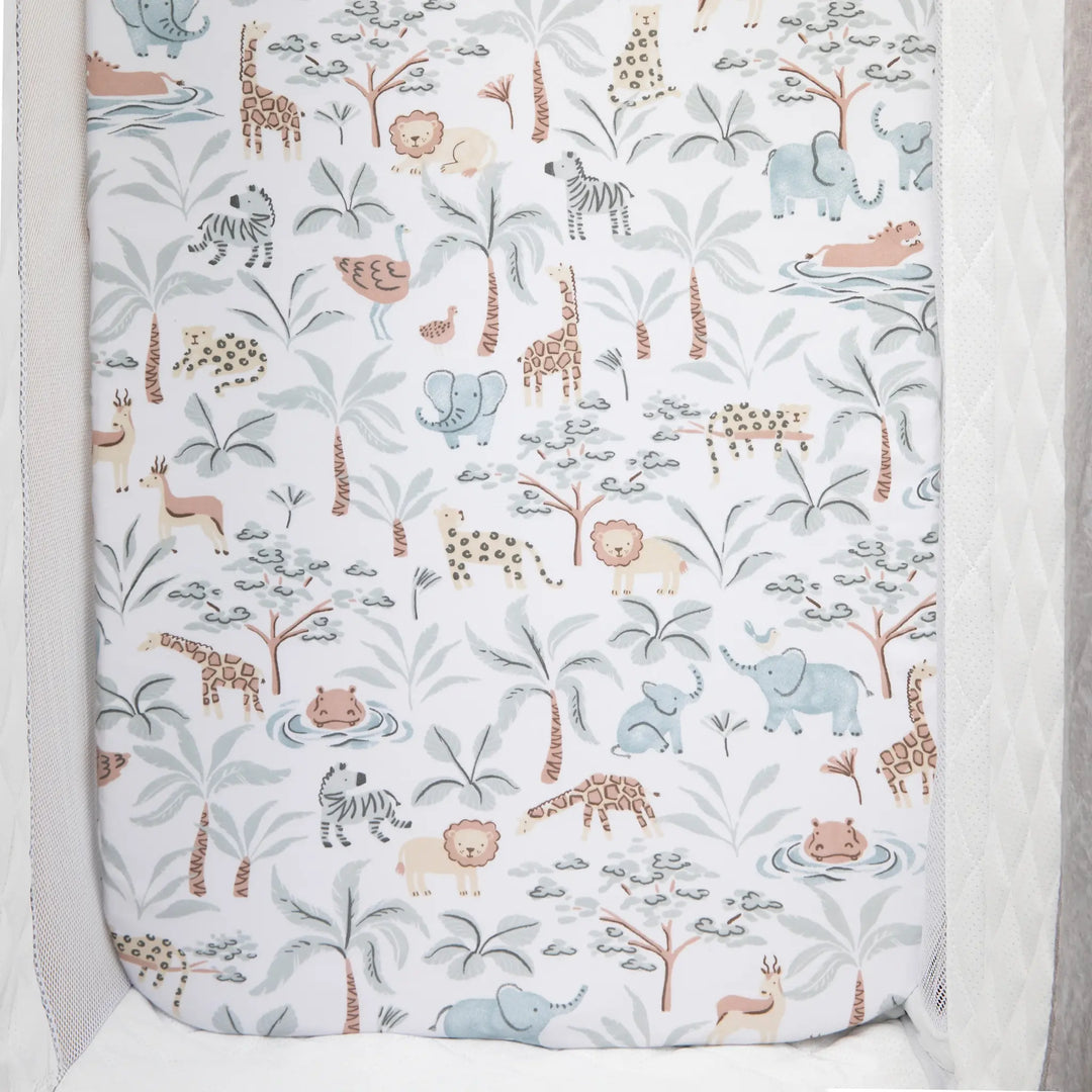 Living Textiles 2 Pack Organic Jersey Bedside Sleeper Fitted Sheets- Wild Safari