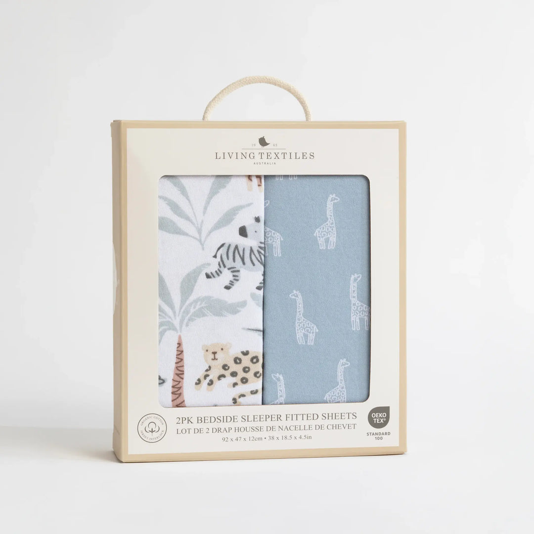 Living Textiles 2 Pack Organic Jersey Bedside Sleeper Fitted Sheets- Wild Safari