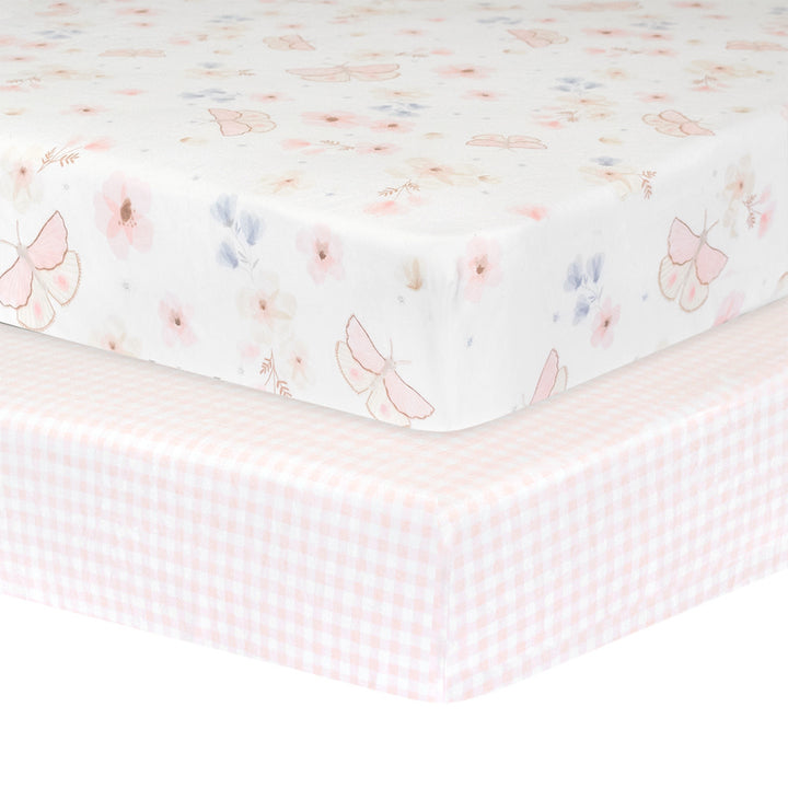 2pk Cot Fitted Sheets-Butterfly/Blush Gingham