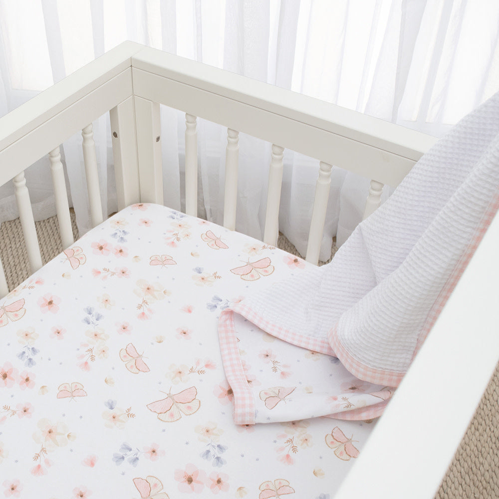 2pk Cot Fitted Sheets-Butterfly/Blush Gingham
