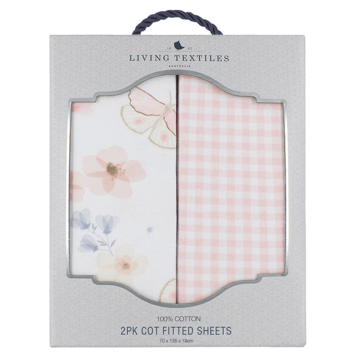 2pk Cot Fitted Sheets-Butterfly/Blush Gingham
