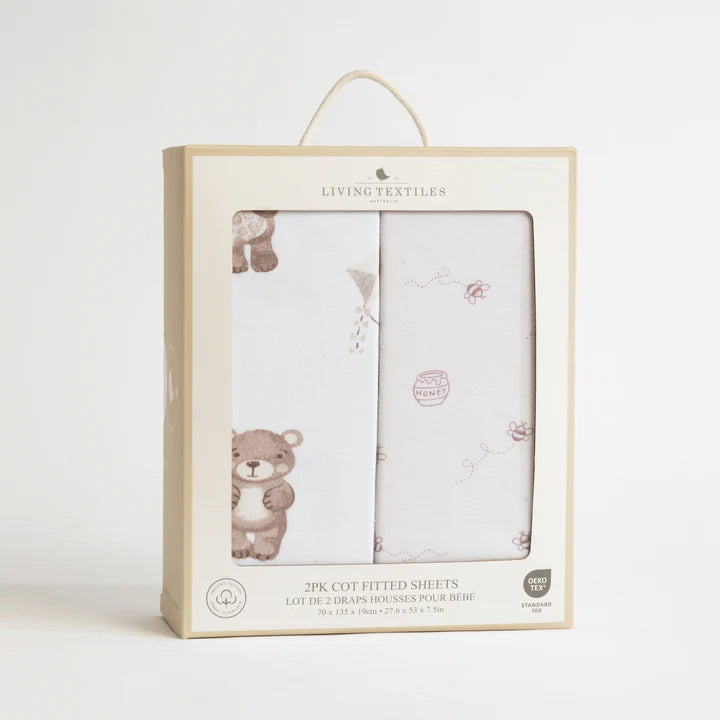 Living Textiles 2 Pack Organic Jersey Cot Fitted Sheets - Cuddly Bear