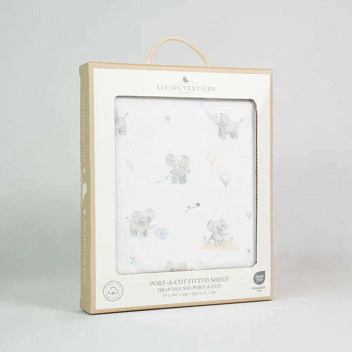 Living Textiles Organic Port-a-Cot Fitted Sheet - Elephant Playtime