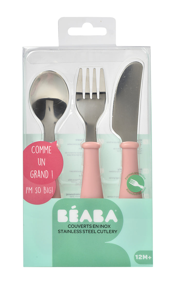 Beaba Stainless Steel Training Cutlery 3 Piece Set - Vintage Pink