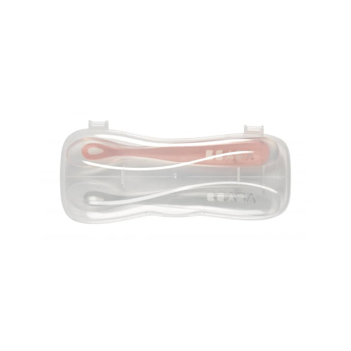 Beaba 1st Stage Silicone Spoon & Case 2 Pack - Light Mist/Old Pink