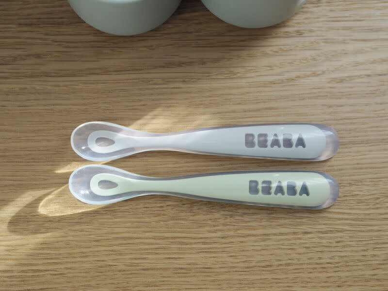 Beaba 1st Stage Silicone Spoon Travel Twin Set with Case - Velvet Grey/ Sage Green